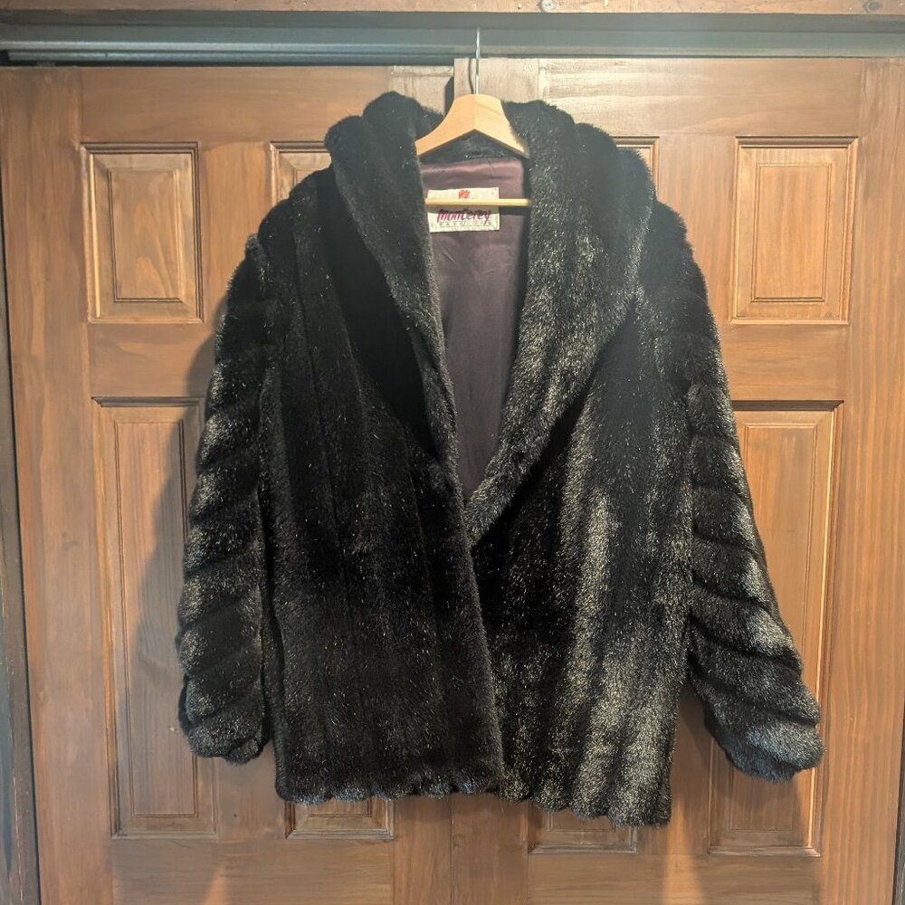 Vintage Monterey Fashions Faux Fur Mink Coat Mid Length Black (20.5)
